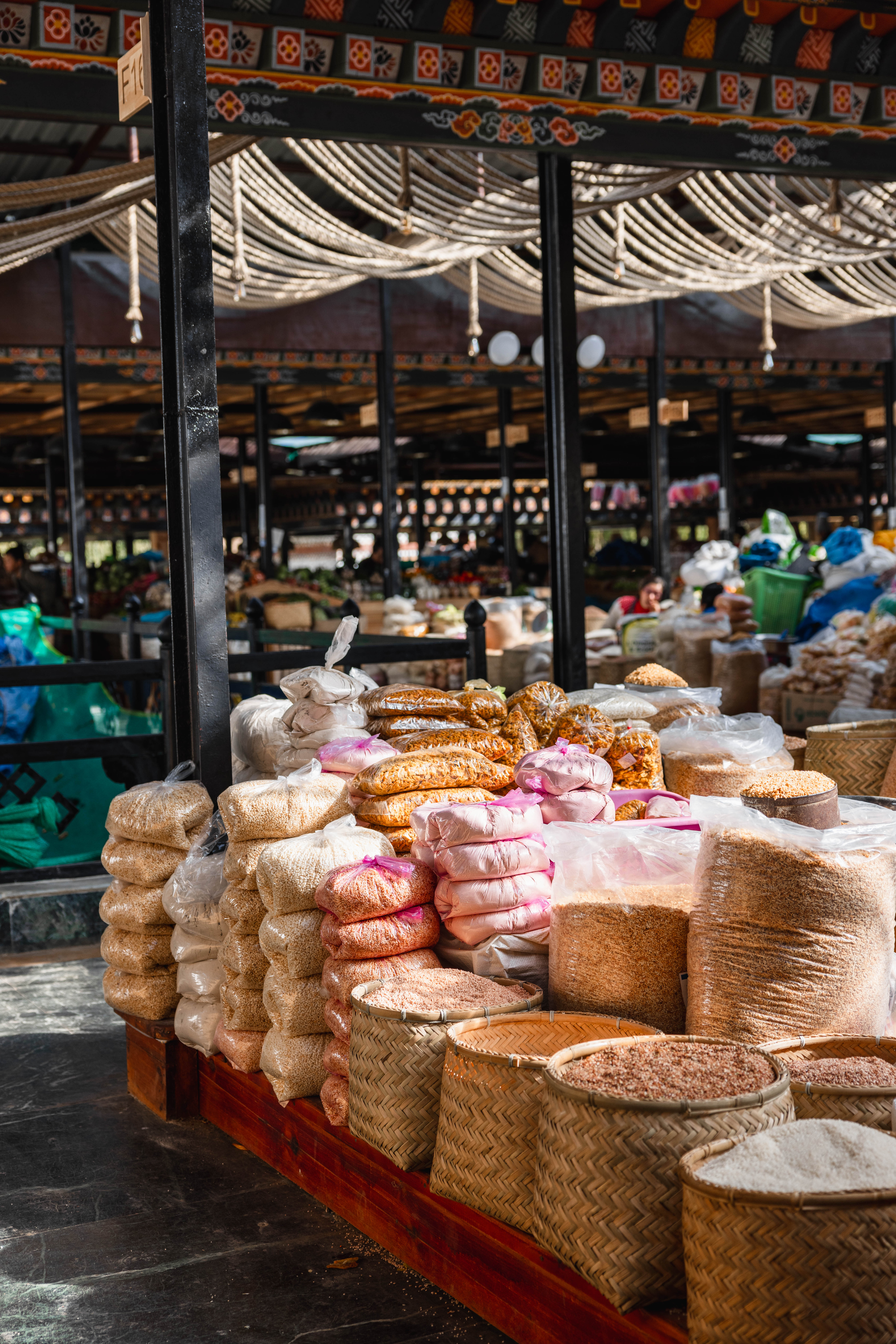 Local market with grains and baskets